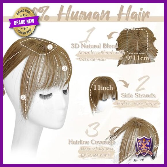 Human Hair Topper with Bangs 150% Density Clip In U Shape 10 Inch